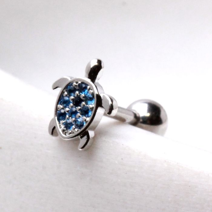 Silver Ocean Blue Sea Turtle Cartilage Earring - Silver Beach Jewelry Shop