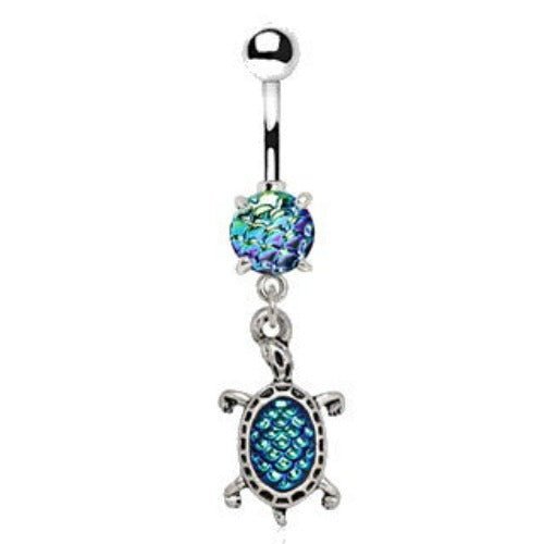 Silver Ocean Blue Sea Turtle Dangling Navel Ring - Silver Beach Jewelry Shop