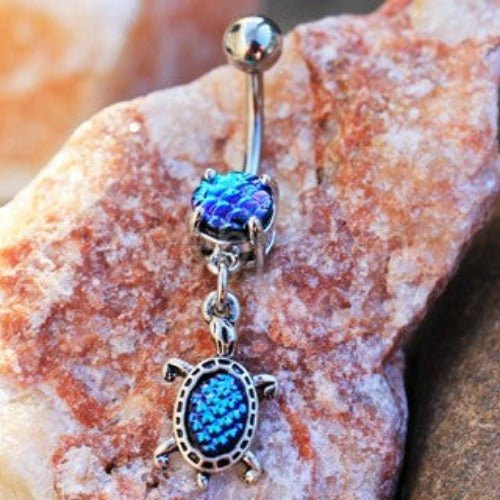 Silver Ocean Blue Sea Turtle Dangling Navel Ring - Silver Beach Jewelry Shop